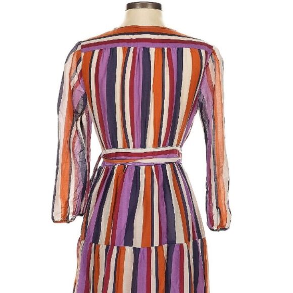 XIRENA Tilda Silk Cotton Blend Multi-Color Striped Long Sleeve Wrap Dress XS - Picture 2 of 12